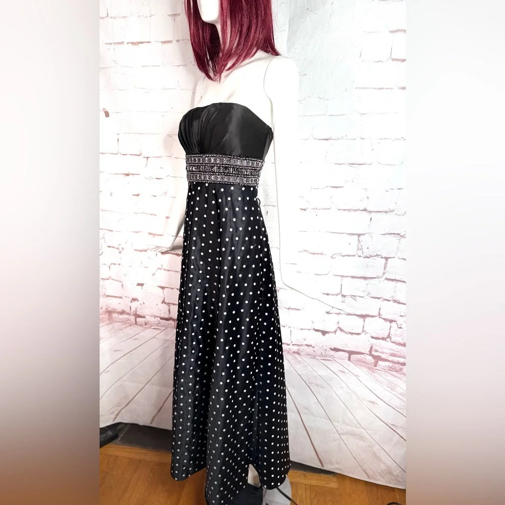 Jeweled Strapless Lace-Up Back Black and White Polka Dot Maxi Dress Size Small - Picture 16 of 16